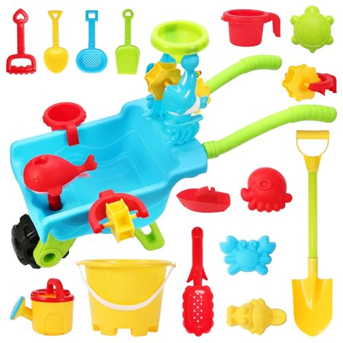 Beach Water Sand Toys for Kids - Beach Trolley with Shovel Tool Kit, Bucket & Animal Molds - Summer Outdoor Sensory Gift for Boys Girls Toddlers 3-5 Years