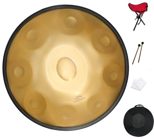 GLADFRESIT Handpan 22 Zoll, 9 Noten, 440Hz, D-Moll, Gold Performer, mit Ständer, Tasche, 2 Schlägeln und Staubtuch