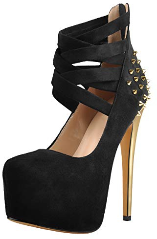 Only maker Damen Stiletto High Heels Plateau Riemchen Pumps mit Metallic Verzierung Reißverschluss Schwarz 42 EU