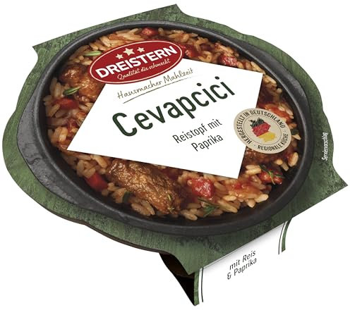 DREISTERN Cevapcici 400g I Mit Paprika & Reis I Herzhaftes Fertiggericht in Mikrowellenschale I Lange Haltbarkeit dank natürlicher Konservierung I Hausmacher Qualität