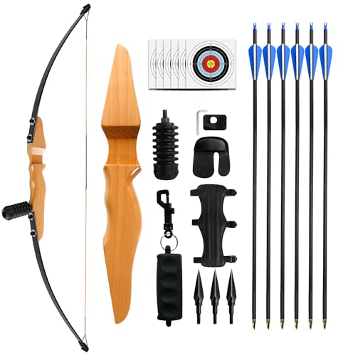 REAWOW Pfeil und Bogen Erwachsene 30lbs Recurvebogen Set Erwachsene Anfänger Pfeil und Bogen Holz Einsteiger mit Bogenschießen Hunting Archery Carbon Arrows