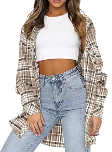 Lacozy Women's Long Sleeve Buffalo Plaid Shirts Casual Classic Button Down Blouse Loose Tunics Apricot Medium