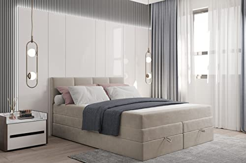 Lit Adulte 180x200 cm Prado - avec Rangement et Matelas Ressorts ensachés - Tissu Velours - Beige