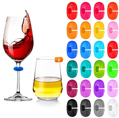 Luvadeyo Glasmarker, Glasmarker Silicon, 24 PCS Wiederverwendbarer Gemischter Farbbecher Charm Weinglasring für Weinglas, Champagnerglas, Cocktailglas, Martini-Glas, Trinkglas