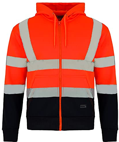 Edozos Sweat à capuche haute visibilité uni et bicolore avec fermeture éclair pour homme, Orange/bleu marine, S