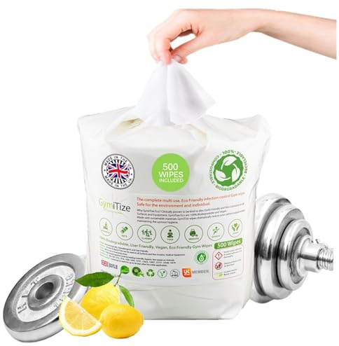 Gymitize Biodegradable Gym Wipes, Surface Wipes, 100% Biodegradable, Made in the UK, 100% Plant Fibre, 0% Plastic, 500 Refills Per Pack, (1 Pack)