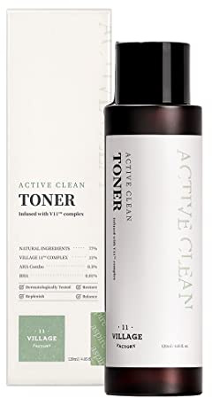 [VILLAGE 11 FACTORY] ACTIVE CLEAN TONER (120ml) Koreanische Hautpflege – Gesichtslotion – AHA und BHA – zu Akne neigende und fettige Haut – feuchtigkeitsspendende und peelende Pflege – vegane Formel