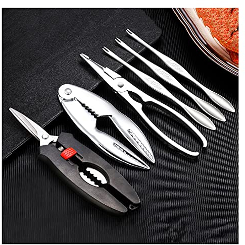 BinOxy Meeresfrüchte Werkzeug Set 6-teiliges Metall-Meeresfrüchte-Werkzeugsatz mit 3 Gabeln, 2 Meeresfrüchten-Crackern und 1 Fischscheren Bequeme und praktische Werkzeuge Hummer/Hummerbesteck