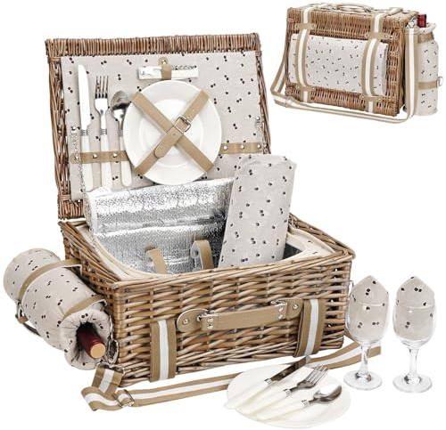 Picknickkorb für 2 Personen mit Decke – Picknickkorb aus Weide mit Gurt, Weintasche, Picknick-Set aus Weide für 2 Personen mit isoliertem Kühler, Weidenkorb mit Besteck-Set, Beige