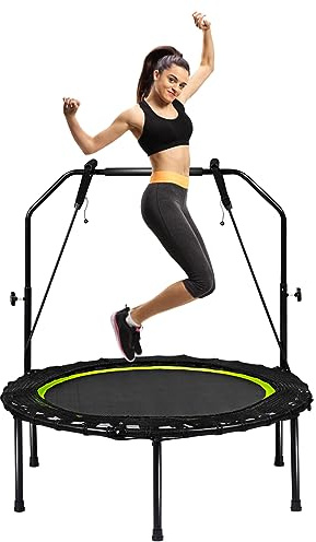 KOMFOTTEU Trampolino Fitness Ø101 cm con Carico di 150 kg, Trampolino Elastico con 2 Fasce di Resistenza e Manico Regolabile in 4 Livelli, Mini Trampolino di Rimbalzo Pieghevole per Adulti e Bambini