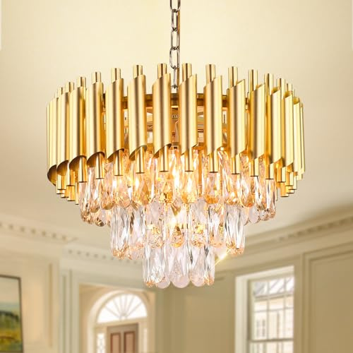FRIXCHUR 15.7-Inch Gold 3-Tier Crystal Chandelier 5-Light E14 | Gold 3-tier Raindrop Crystal Design, Flush Mount, 5 E14 Sockets, for Bedrooms and Living Rooms, bulbs not included