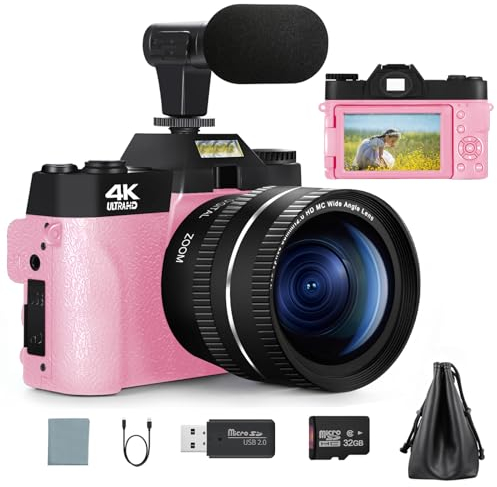 Digitalkamera, Videokamera 4 K, 48 MP, Vloggingkamera, 16-facher Zoom, Youtube, Reisekamera mit 32 GB SD-Karte und Makroobjektiv mit Weitwinkelobjektiv (Pink)