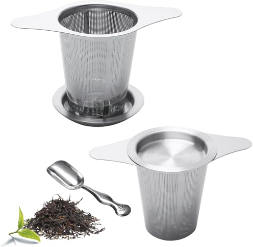 2 filtri da tè con coperchio e doppi manici, colino da tè in acciaio inox per tazza e teiera, colino spezie, set da tè per tè sfuso (con paletta da tè)