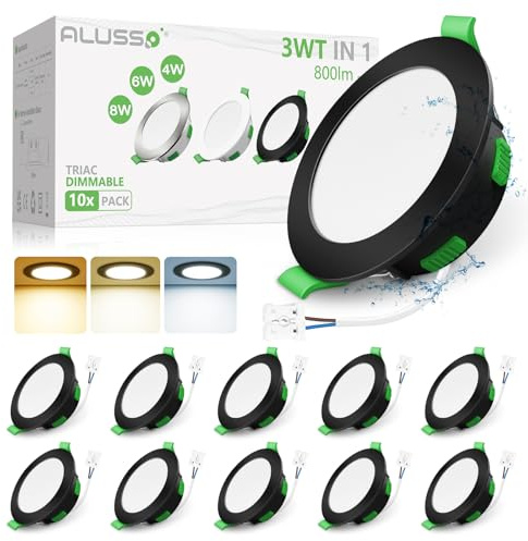 ALUSSO 3WT&3CCT LED Downlights Ceiling Dimmable IP44 Cutout 68-78MM 10 Pack | Slim Recessed Ceiling Lights, 4W 6W 8W & 3000K 4000K 6500K Selectable Bathroom Kitchen Spotlights, Round Polished Chrome