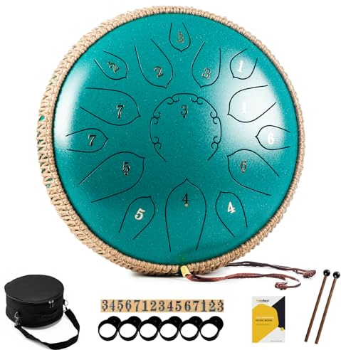 MeloBeat Tongue Drum Handpan - 12-tums Språktrumma 15-toner - Professionellt Set av Språktrumma i Stål i D-dur Inklusive Bok med Språktrumma Sånger, D-dur (Grön)