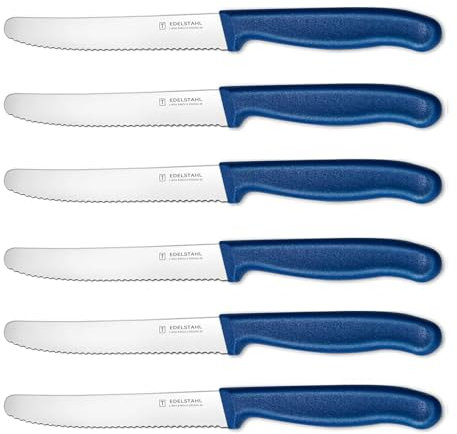 targzier Tomato Knife,Set of 6,Serrated Kitchen Knives,Sharp Blade Classic Utility Knife,Stainless Steel Wavy Edge Tomato Knives&Table Knives,Blue Plastic Handle Dinner Knifes,Dishwasher Safe