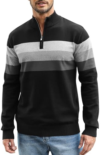 Superora Hombre Jersey a Rayas de 100% Algodón Invierno Pullover Manga Larga Suéter Cuello Alto con Cremallera 1/4 Zip