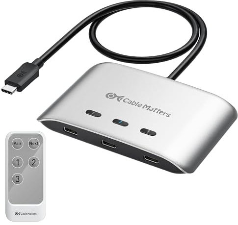 Cable Matters 20G USB C Switch, 3-in-1 Ausgang, 8K@30Hz Windows/4K@60Hz macOS, 140W PD, zum Teilen eines USB C oder Thunderbolt 4 Monitors (nicht für feste Kabeldocks)