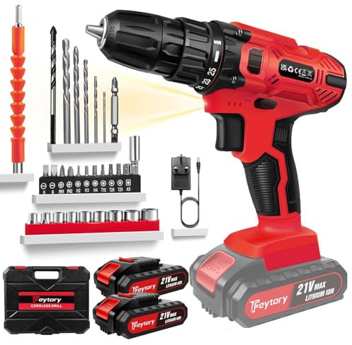 Cordless Drill Driver 21V, Electric Power Hammer Drill Set with 2 Battery 1500mAh, 25+1 Torque, 45N.m, 29PCS Accessories, 2 Speed, LED Light