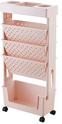 Carrello portariviste a 5 ripiani con ruote, scaffale portatile e carrello portadocumenti, colore rosa