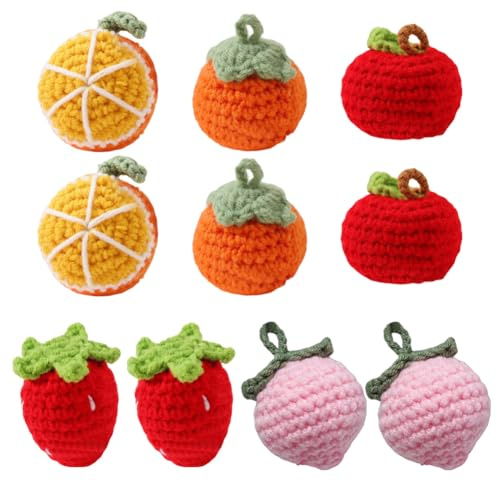 Magicherry 10 stycken söta virkade frukter färdig virkning apelsin persimmon äpple persika jordgubbsberlock handgjorda stickade konstgjorda frukter för hem kök fest foto rekvisita dekoration