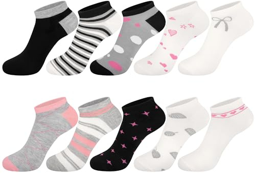 Softcozy 10 par damstrumpor med flerfärgade ränder, prickiga och hjärtmönster, mjuka och ventilerande damstrumpor, perfekta presenter till kvinnor. One size, Blandad svart färg, one size