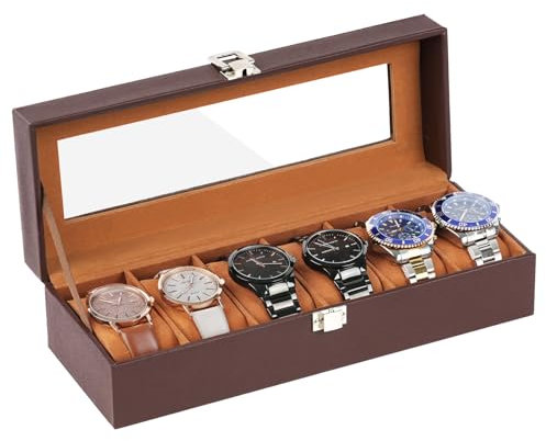 OFFCUP Watch Box with 6 Slots, Watches Case with Glass Lid, PU Leather Watch Display Storage Box with Removable Pillows, Gift Idea for Jewellery Bracelets Bangles Storage (Brown)