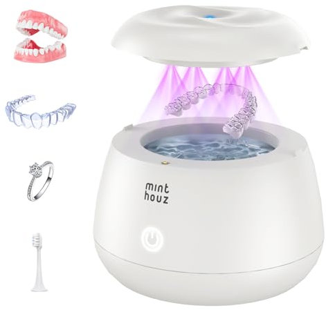 Minthouz Ultraschallreinigungsgerät 48kHz UV Ultraschallreiniger 24W Ultrasonic Cleaner 200ml Tragbar Dental Pod für Zahnschiene, Aligner, Zahnprothesen, Zahnbürstenköpfe, Retainer und Schmuck