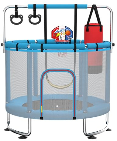 Maxbinton Trampolino per bambini da 140 cm per interni/esterni, capacità di carico 50 kg, con rete di sicurezza, barra da ginnastica regolabile e canestro da basket, regalo per bambini e bambine