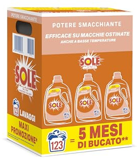 Sole Detersivo Lavatrice Potere Smacchiante 123 Lavaggi, Formula Igienizzante, Detersivo Lavatrice Liquido Potere Smacchiante, rimuove le macchie a basse temperature