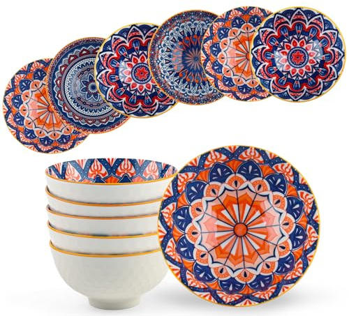 Ceramic Serving Bowls - Ceramic Rice Bowls 10 oz,Bohemian Style Pottery Bowls Set of 6,Kitchen Tableware Small Bowls for Rice, Dipping,Soup, Dessert, Snack,Fruits,Dishwasher & Microwave Safe