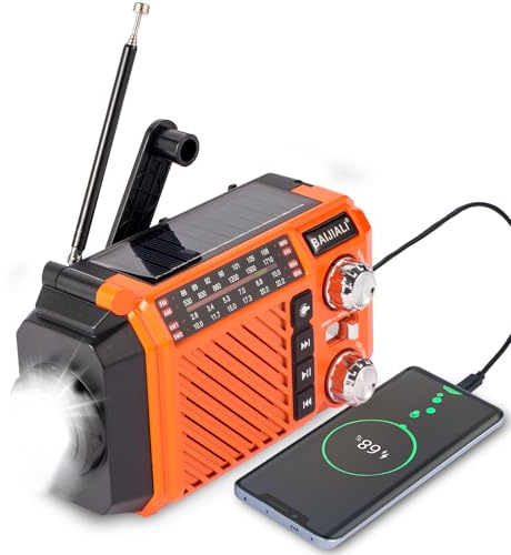 Emergency Radio with Solar, Hand Crank & USB-C Charging - 2600mAh Battery-Powered Portable Radio for FM/AM/SW Reception, Torch & SOS Alarm - Orange (Wind Up, Rechargeable, Battery Operated)