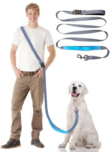 WANFIRE Hands Free Dog Leash, 5.1-8.9Ft Crossbody Long Leash, Waist Dog Belt for Small & Medium Dogs, City Walking & Running Outdoor Hiking &Travel etc. (Grey Blue)