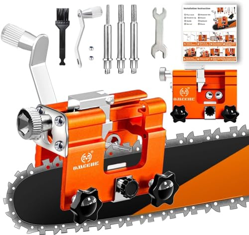 OMCCHK Chainsaw Sharpener with Cleaning Brush, Universal Chainsaw Sharpening Jig Kit with 3 Diamond Stone, Hand Crank Portable Chain Saw Accessories for 4-22 Electric Chain Saw