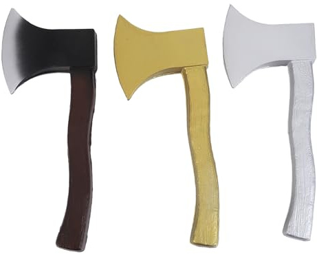 Warmhm Lot de 3 Fausses Haches Légères en Polyuréthane, Couleurs Or et Argenté, Accessoire d'halloween Réaliste pour Garçon et Filles, pour Fête Costumée Pirate, Viking ou Bûcheron,
