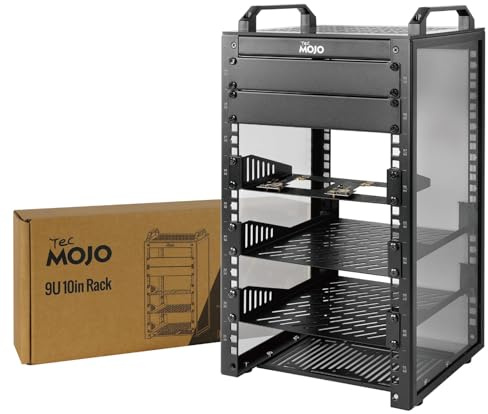 Tecmojo 10 tum 9HE 200 mm djup skrivbord ministäll, nätverksskåp, med SBC-insats, mikro-HDMI till HDMI-adapterkort, blindbländare, för 10 AV-, NAS- och serverenheter, svart
