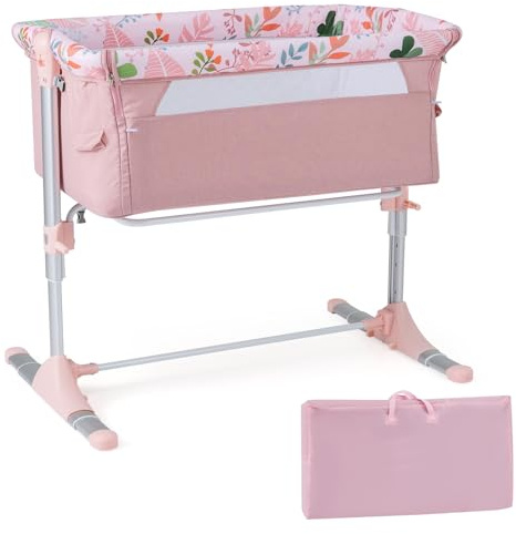 COSTWAY Baby Bedside Crib, 4-Level Height Adjustable Bassinet Crib (Pink)