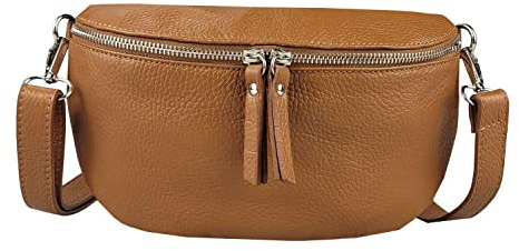 Made in Italy Damen Leder Tasche Handytasche Gürteltasche Crossbody Hüfttasche Bauchtasche Umhängetasche Cross-Over Bodybag Schultertasche Kosmetiktasche Cognac