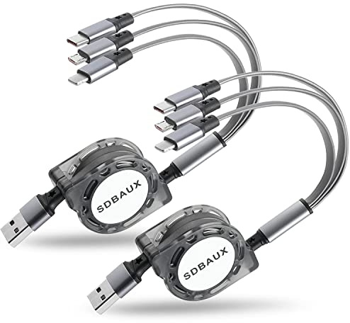 SDBAUX Multi USB-Kabel [3A/1M/2Styck], 3-i-1 Infällbar Universell Multi-USB Laddningskabel med iP Micro USB Typ C, för Samsung Galaxy S20 S10 S9 S8, Huawei P30, LG, Moto, Huawei, PS4, Kindle, Tablet