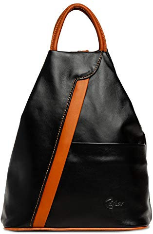 Caspar 2in1 Leder Rucksack Schultertasche Sportlich Elegante Damen Handtasche - SIGNATURE LINE - Modell No.782 - Made in Italy, Farbe:schwarz/cognac, Accessoires:One Size