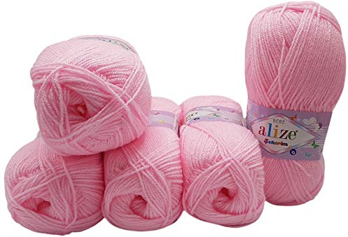 5 x 100g Strickwolle Alize Bebe einfarbig, 500 Gramm Wolle zum Stricken und Häkeln (rosa 185)