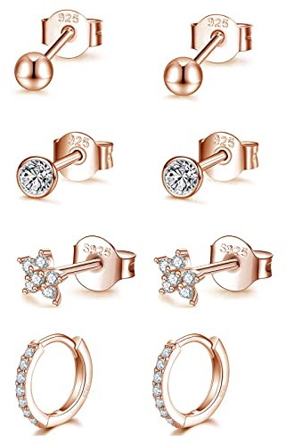 GULICX Klein Schlafen Creolen Silber 925 Damen Ohrstecker Ohrringe, 4 Paare Hypoallergen Rose Gold Silber Ohrstecker &Creolen Ohrringe Set für Damen Mädchen