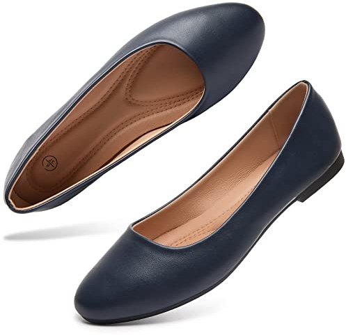 hash bubbie Women's Flats Shoes Ballet Flats Dress Shoes Comfortable PU Leather Slip on Shoes for Women(Navy .US7)