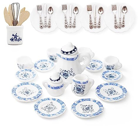 Odoria Miniaturas Escala 1/12 Conjunto de Tazas de Té 15Pzs Accesorios Casa de Muñecas con 16Pzs Platos Cubiertos Vajilla y Utensilios Cocina Miniatura, Pétalo Azul