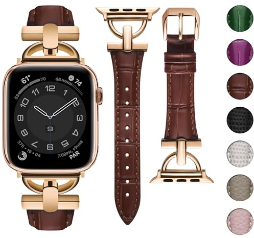 wutwuk Lederarmband Kompatibel mit Apple Watch Armband 42mm(S10/11) 41mm 40mm 38mm Schlank Leder Ersatzband mit D-förmiger Schnalle für iWatch SE/11/10/9/8/7/6/5/4/3/2/1 Damen Dunkelbraun Roségold