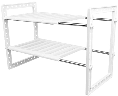 Drumm Scaffale sotto il lavandino – acciaio inossidabile e plastica PP rack estensibile organizzatore sotto il lavello scaffale espandibile di stoccaggio, 2 livelli, per cucina, bagno
