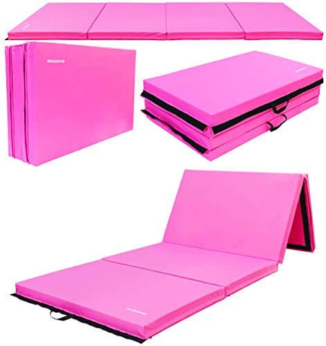 Signature Fitness Fitvids Folding Exercise Aerobics Mat – 4'x10'x3 Extra Thick High Density Anti Tear Gymnastics Gym Folding Exercise Aerobics Mats for MMA – nan – Pink