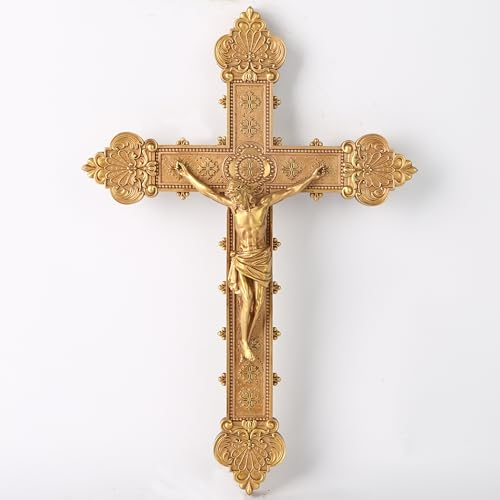 BC Catholic Crucifix Wall Cross, Jesus Christ Religious Home Decor, Catholic Wedding Gift, Gold Color Finish, 12H Hand-painted by Buildclassic