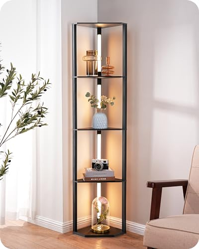 EDISHINE LED Floor Lamps with Shelves, 4 Layers Wood Dimmable Standing Lamp, 360° Rotatable Poles, Corner Floor Lamps for Living Room Bedroom Office, Black