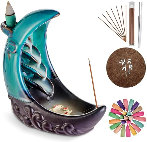 SagTuol Räucherkegel Halter rückfluss, Rückfluss räuchergefäß, Keramik Räucherstäbchen Halter mit 100 Rückfluss Räucherkegel + 30 Räucherstäbchen, für Aromatherapie Ornament Wohnkultur (Blau)